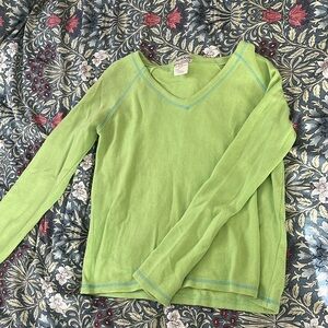 Lime Green V-Neck Sweater with Blue Stitching